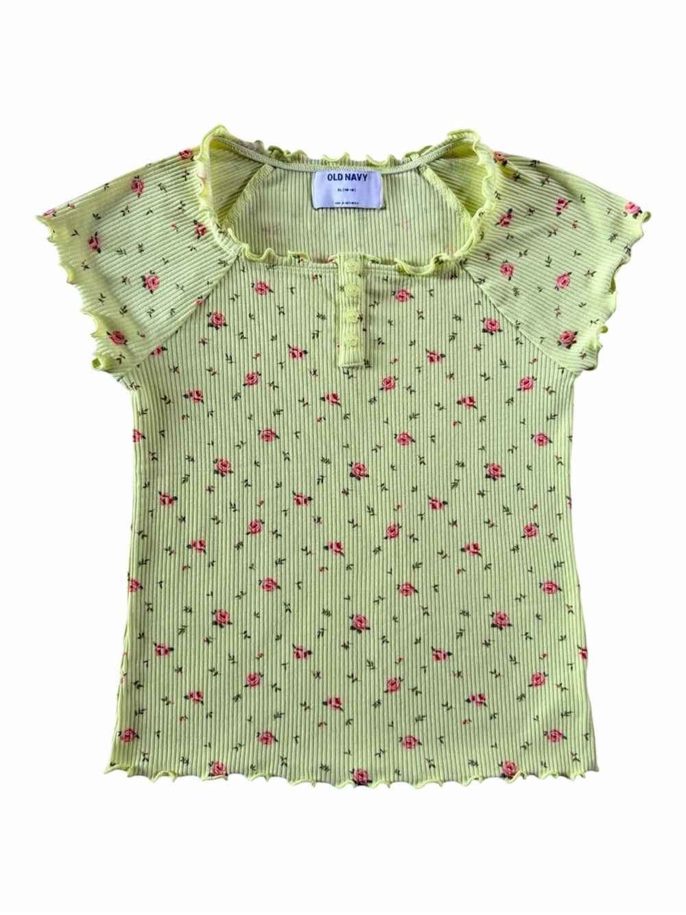 Old Navy Yellow Ribbed Tee with Pink Floral Print